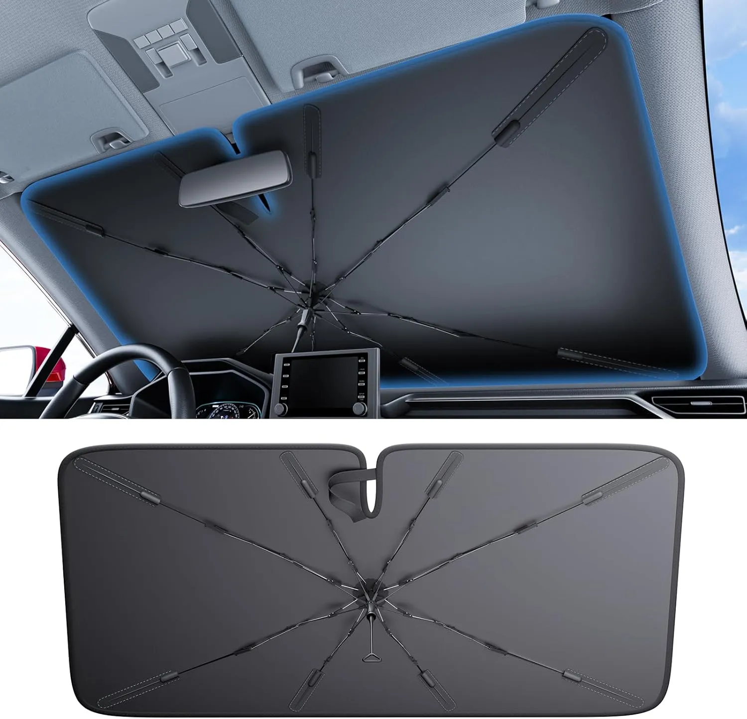 2025 Ice-Shield Car Windshield Sun Shade [100% Sun Block, 4th-Gen Cooling Tech] Reflective Heat Insulation, Portable Foldable Front Window Sunshade for Compact Sedans & SUVs - Universal Fit 53"x29"