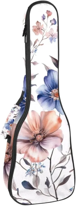 23 Inch Concert Ukulele Case Set Watercolor Flowers and Tiny Leavse Ukulele Padded Bag with Storage and Shoulder Straps