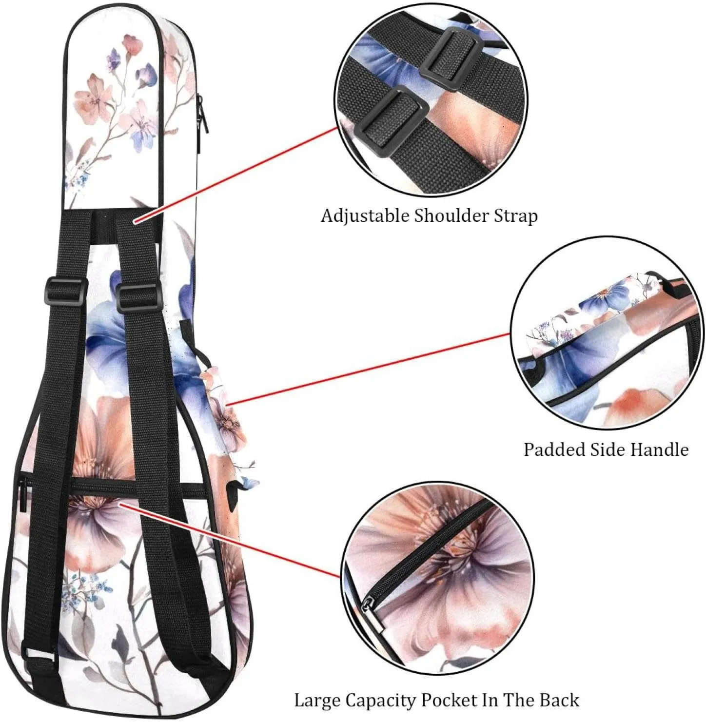23 Inch Concert Ukulele Case Set Watercolor Flowers and Tiny Leavse Ukulele Padded Bag with Storage and Shoulder Straps