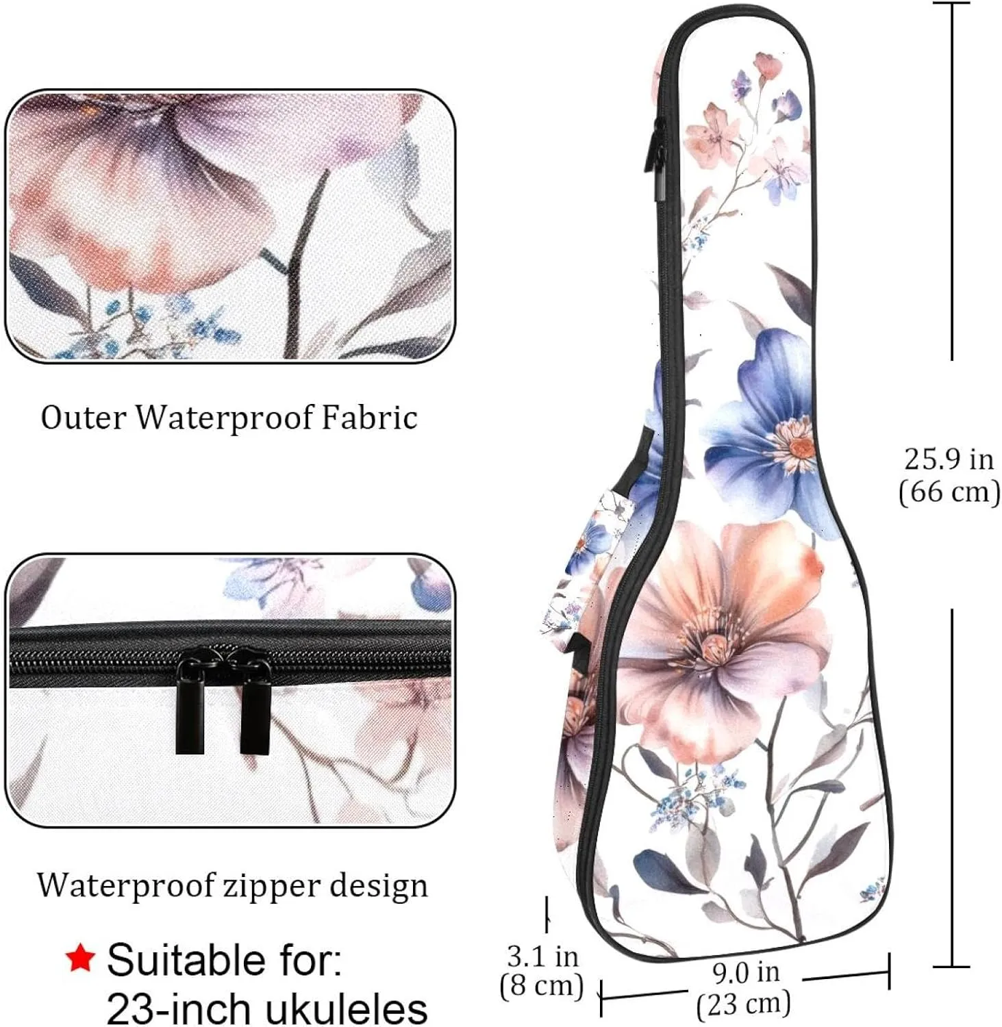 23 Inch Concert Ukulele Case Set Watercolor Flowers and Tiny Leavse Ukulele Padded Bag with Storage and Shoulder Straps