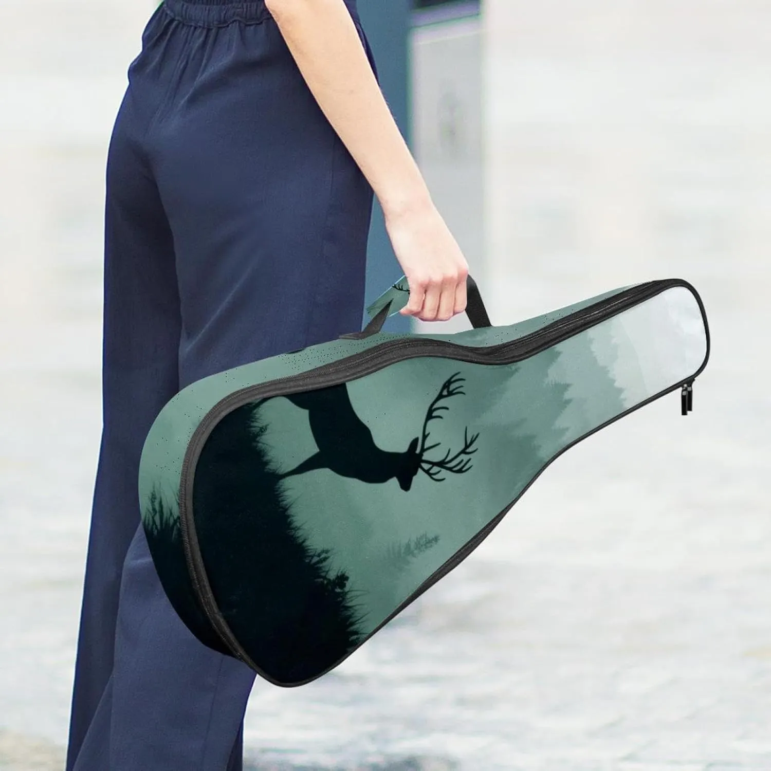 23 Inch Concert Ukulele Case Silhouettes of Morning Forest with Deer Ukulele Padded Bag with Storage and Shoulder Straps