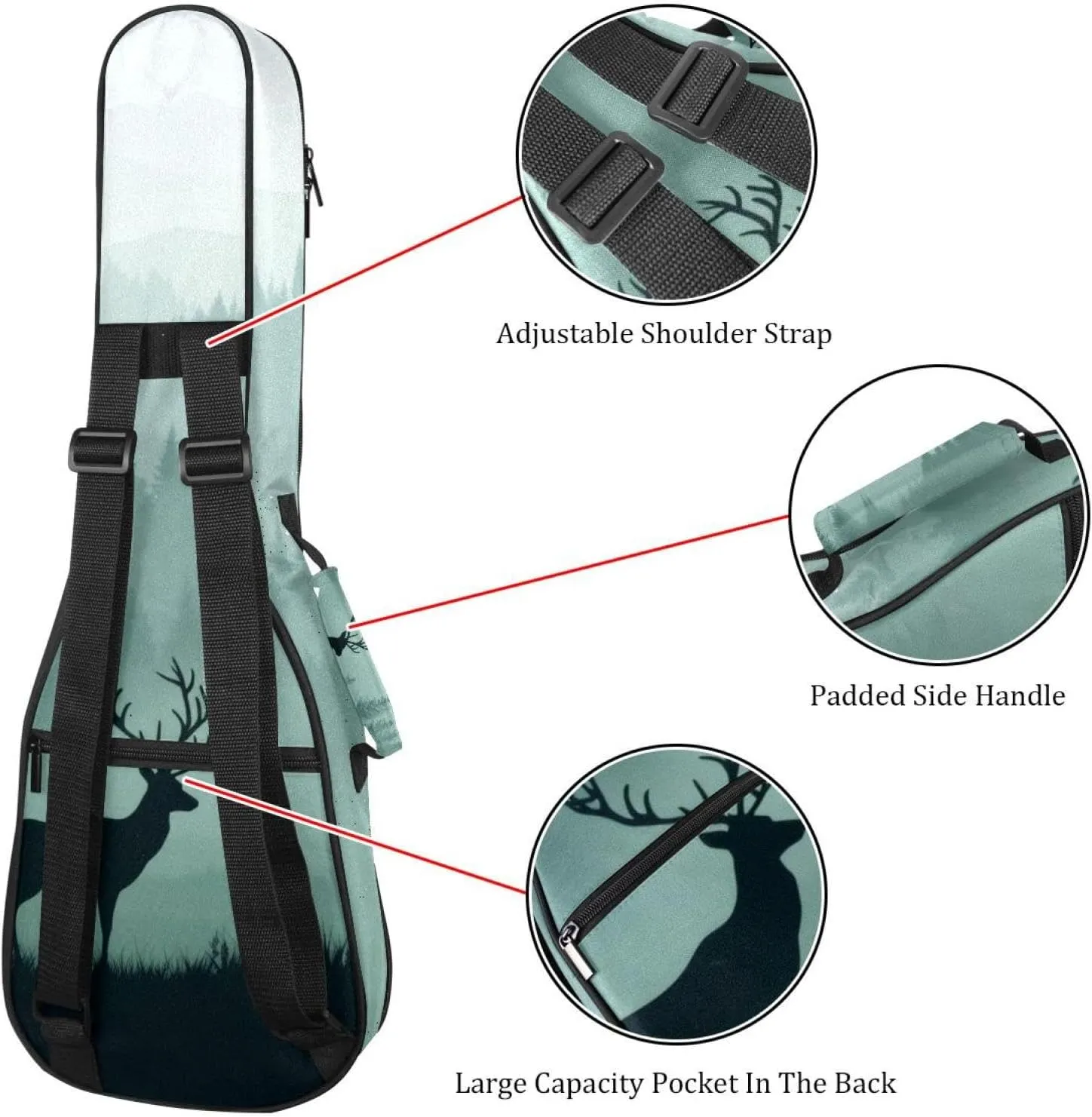 23 Inch Concert Ukulele Case Silhouettes of Morning Forest with Deer Ukulele Padded Bag with Storage and Shoulder Straps