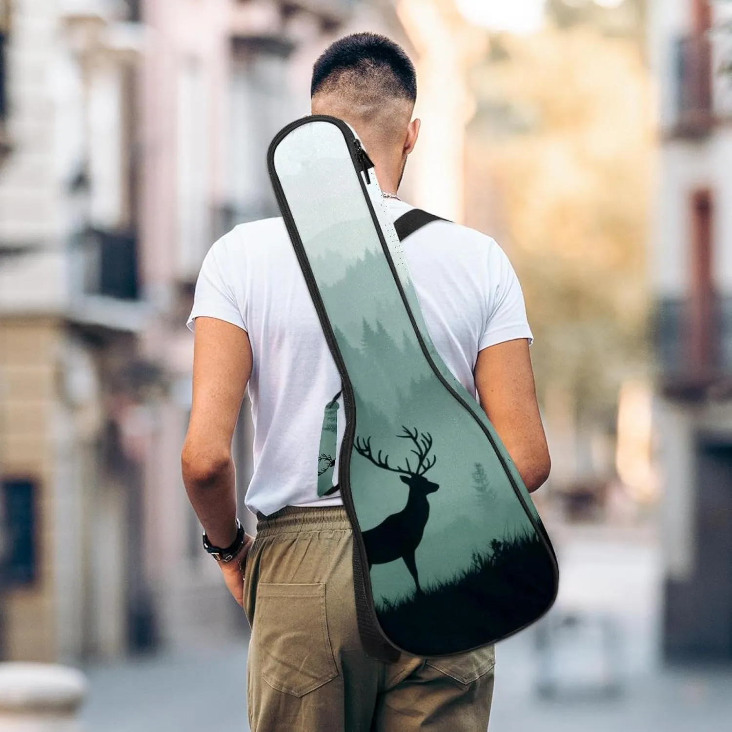 23 Inch Concert Ukulele Case Silhouettes of Morning Forest with Deer Ukulele Padded Bag with Storage and Shoulder Straps