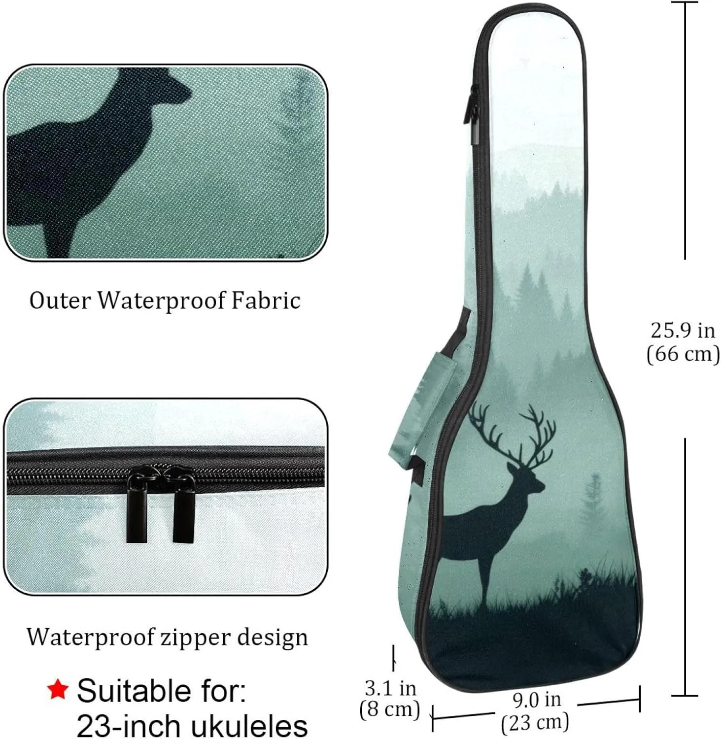 23 Inch Concert Ukulele Case Silhouettes of Morning Forest with Deer Ukulele Padded Bag with Storage and Shoulder Straps