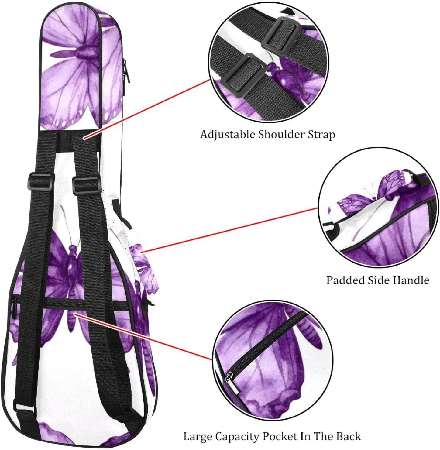 23 Inch Concert Ukulele Case Watercolor Purple Butterflies Seamless Pattern Ukulele Padded Bag with Storage and Shoulder Straps