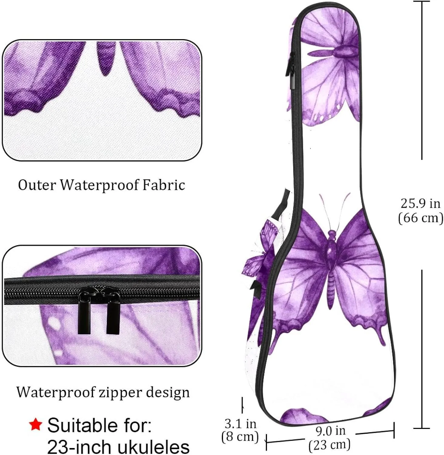 23 Inch Concert Ukulele Case Watercolor Purple Butterflies Seamless Pattern Ukulele Padded Bag with Storage and Shoulder Straps