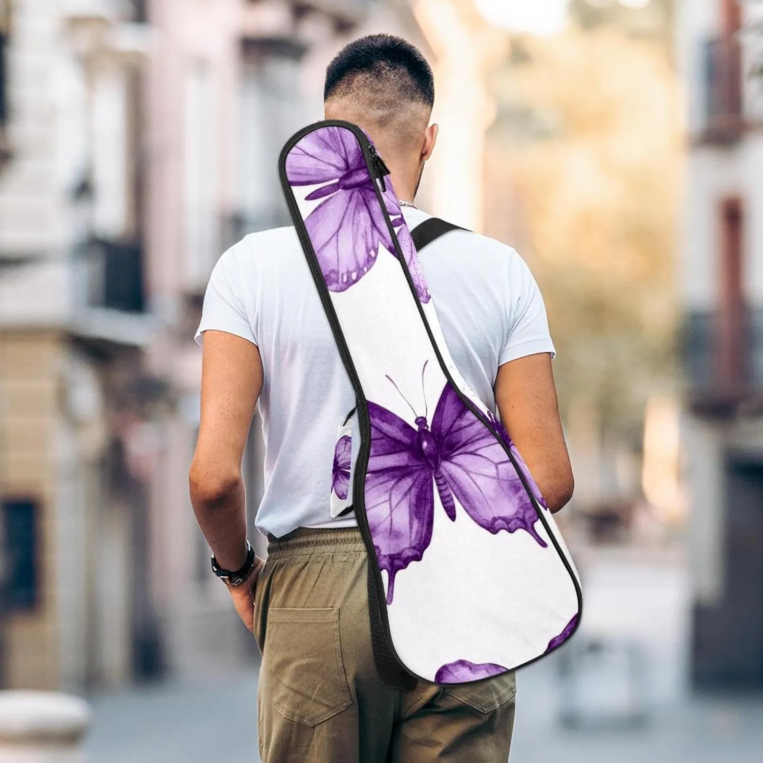 23 Inch Concert Ukulele Case Watercolor Purple Butterflies Seamless Pattern Ukulele Padded Bag with Storage and Shoulder Straps