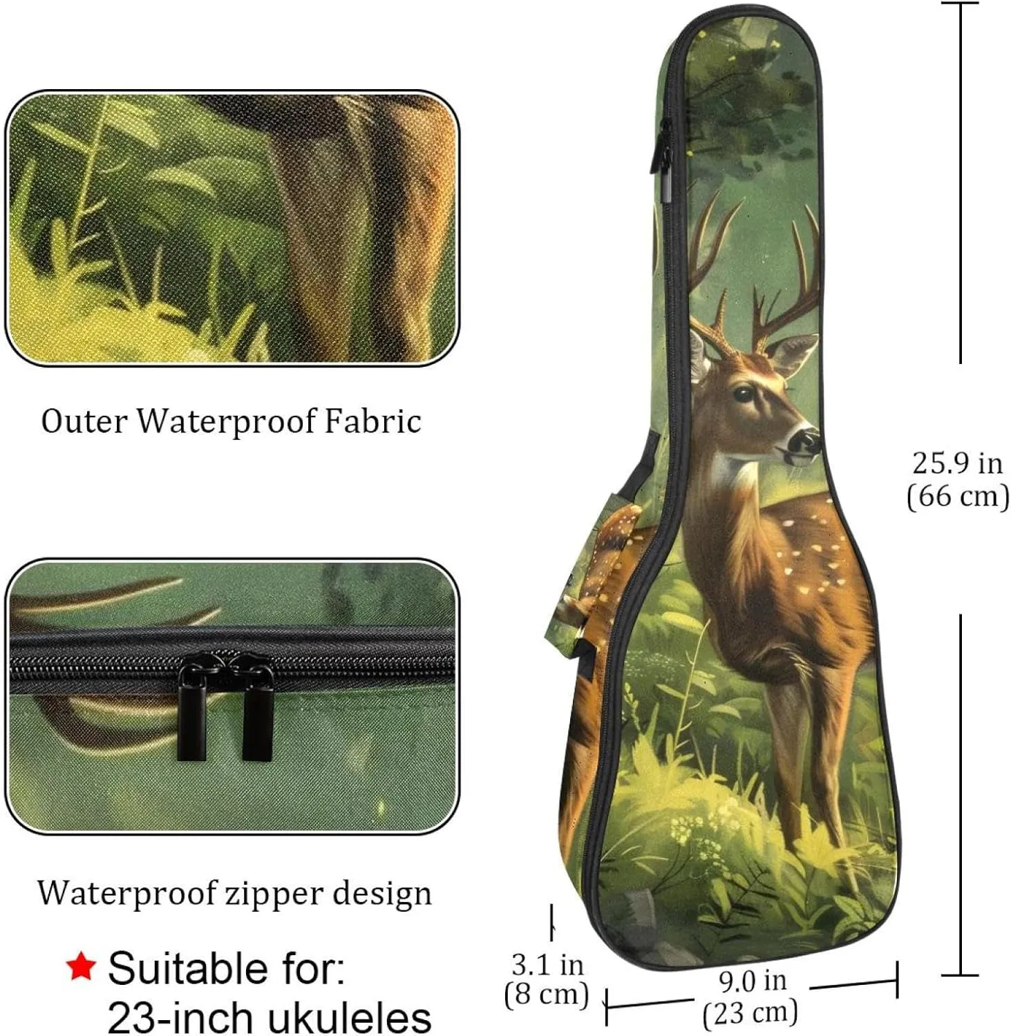23" Ukulele Bag Wildlife Deer Forest Padding Carry Case Ukulele Cover with Storage and Thick Handle