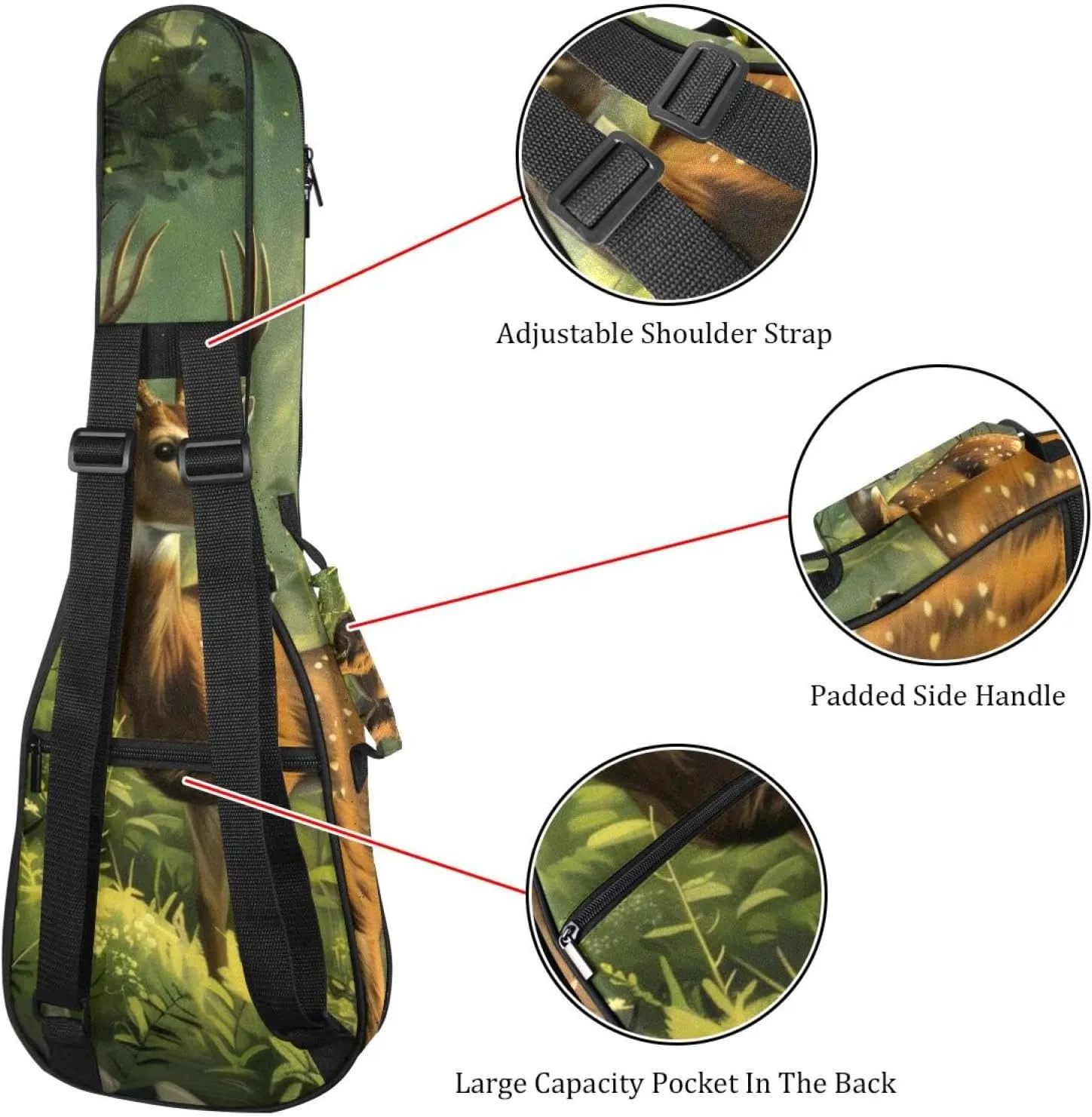 23" Ukulele Bag Wildlife Deer Forest Padding Carry Case Ukulele Cover with Storage and Thick Handle