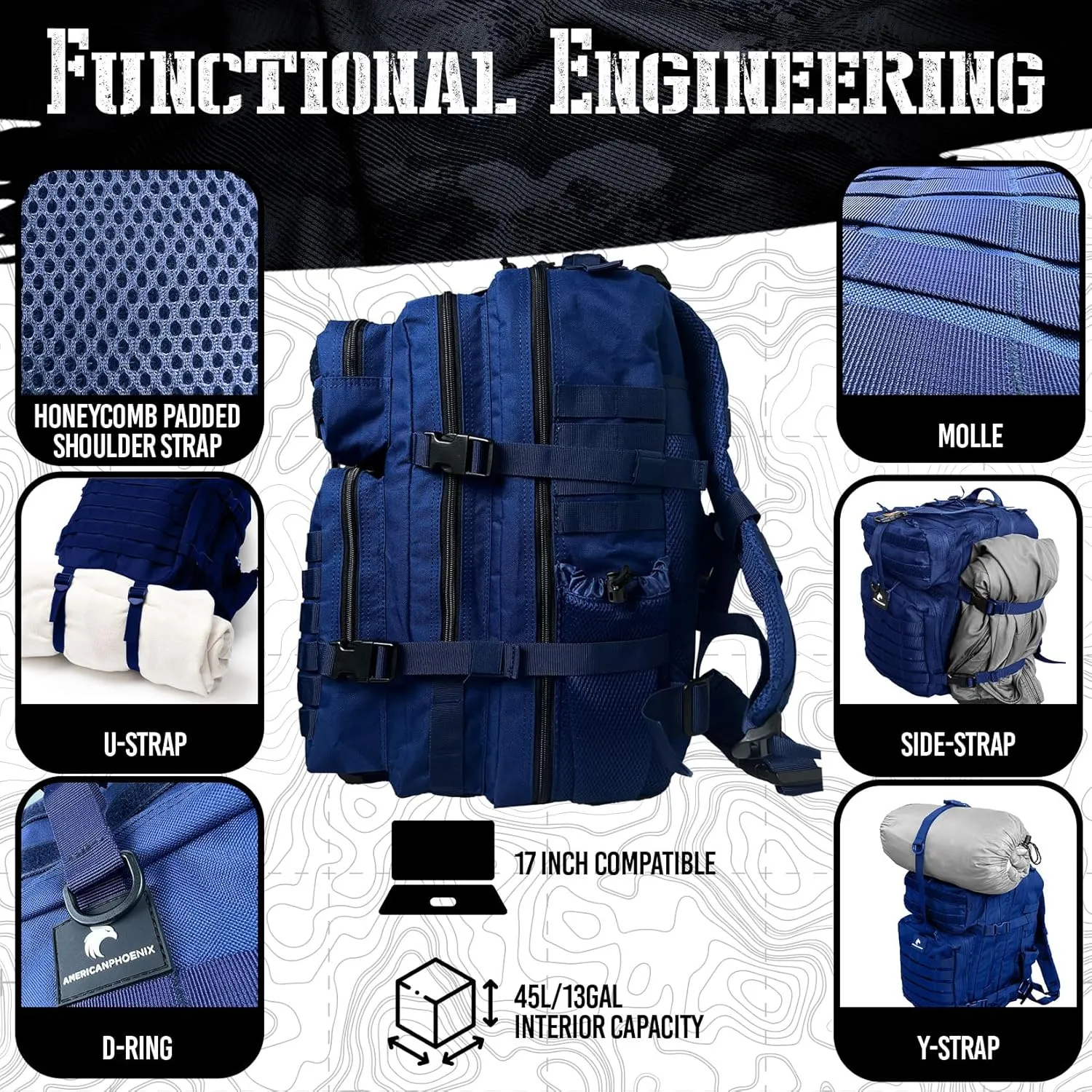 45L Elite Tactical Backpack | 3X Stronger Work & Military Backpack | Water Resistant and Heavy Duty | 3 Day MOLLE Bug Out Bag (Atlantic Blue)