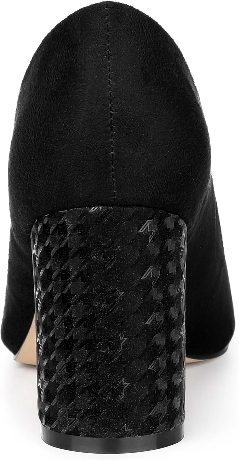 Allegra K Women's Pointy Toe Slip on Plaid Printing Closed Toe Dress Shoes Chunky Heel Pumps