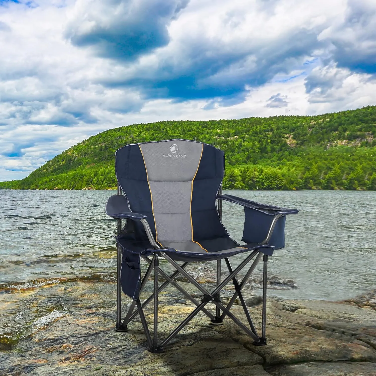 ALPHA CAMP Folding Camping Chair Oversized Heavy Duty Padded Outdoor Chair with Cup Holder Storage and Cooler Bag, 450 LBS Weight Capacity, Thicken 600D Oxford, Blue