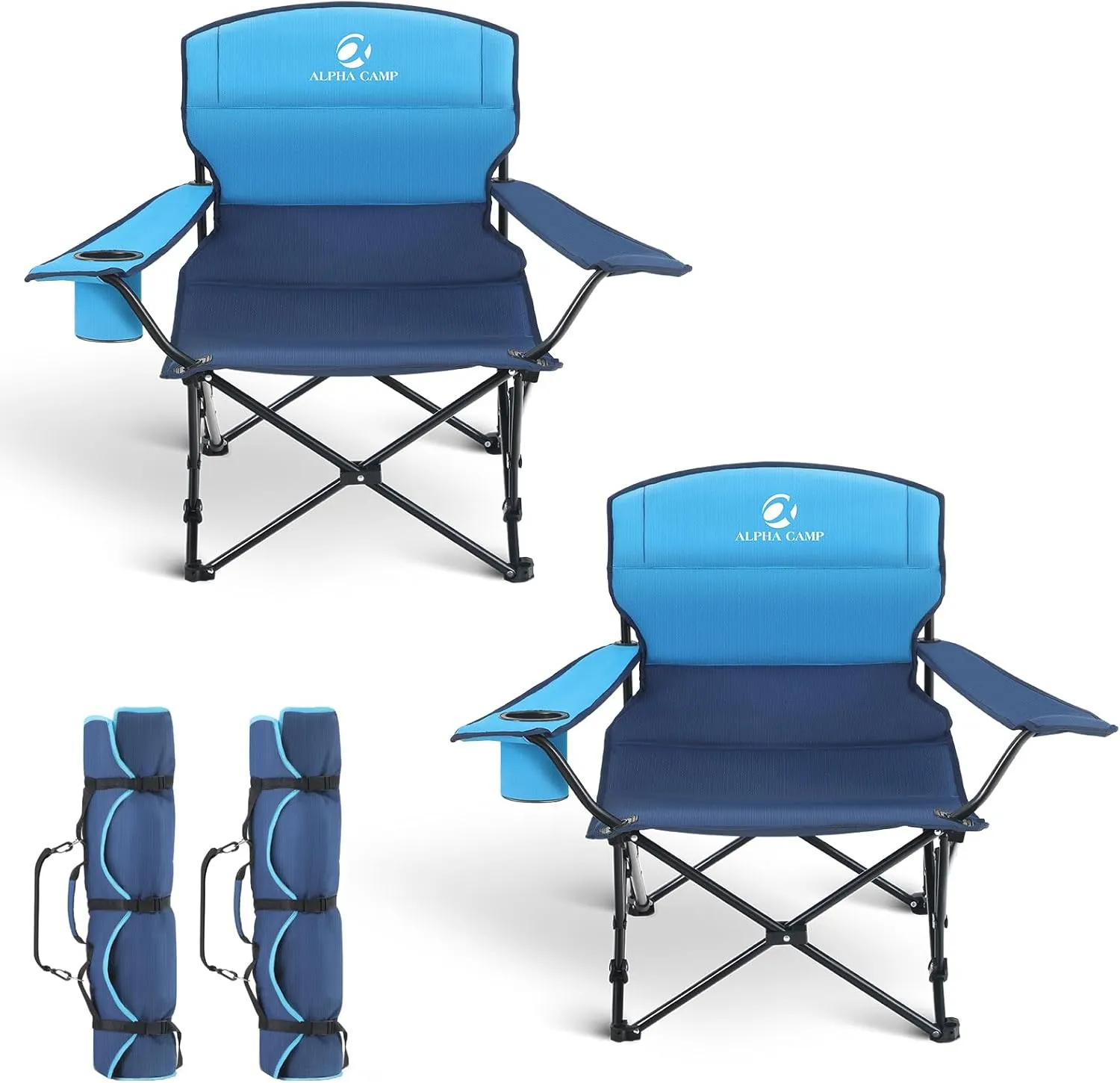 ALPHA CAMP Low Folding Camping Chair Beach Chair, Lightweight Low Lawn Chair with Cup Holder, Storage Bag for Outdoor, Concert, Picnic, Travel, Support 300lbs - 2 Pack