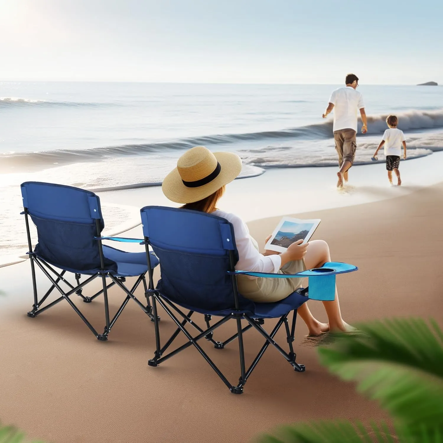 ALPHA CAMP Low Folding Camping Chair Beach Chair, Lightweight Low Lawn Chair with Cup Holder, Storage Bag for Outdoor, Concert, Picnic, Travel, Support 300lbs - 2 Pack