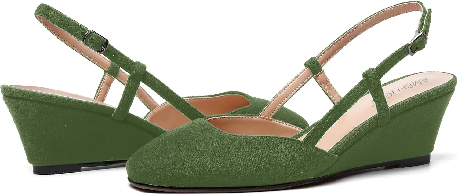 AMBELIGHT Womens Fashion Buckle Square Toe Solid Party Suede Adjustable Strap Wedge Low Heel Pumps Shoes 2 Inch