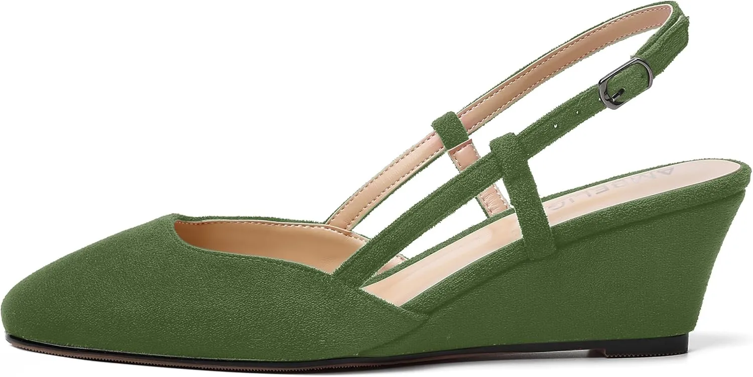 AMBELIGHT Womens Fashion Buckle Square Toe Solid Party Suede Adjustable Strap Wedge Low Heel Pumps Shoes 2 Inch