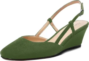 AMBELIGHT Womens Fashion Buckle Square Toe Solid Party Suede Adjustable Strap Wedge Low Heel Pumps Shoes 2 Inch