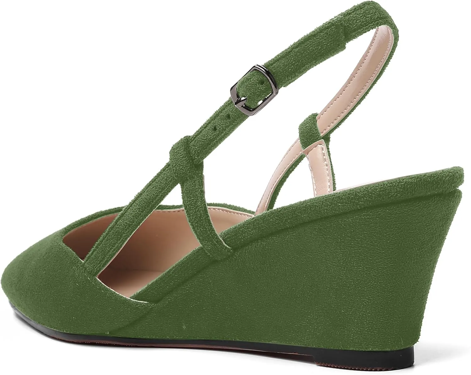 AMBELIGHT Womens Fashion Buckle Square Toe Solid Party Suede Adjustable Strap Wedge Low Heel Pumps Shoes 2 Inch