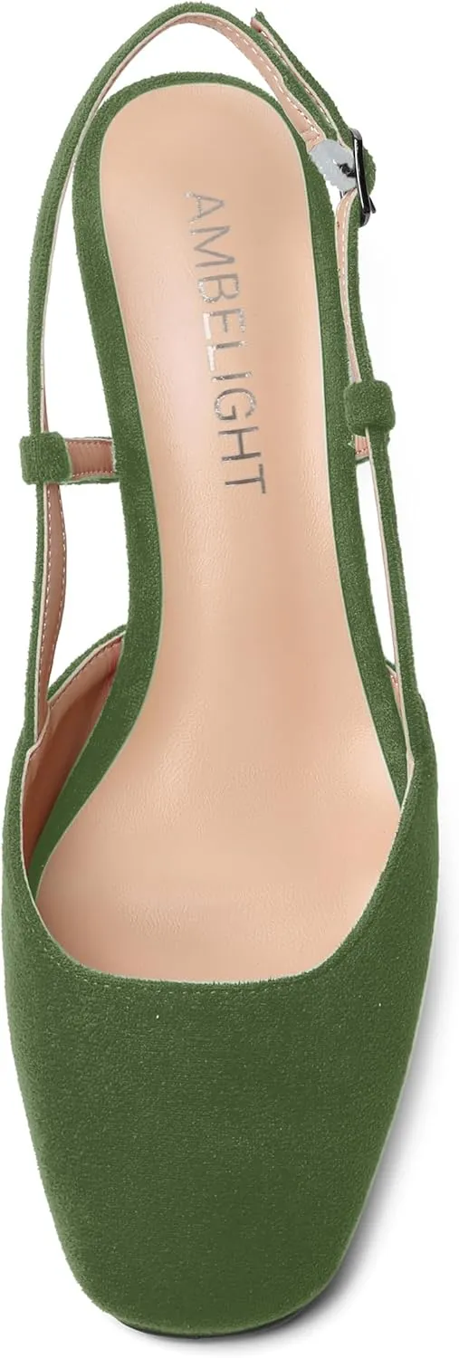 AMBELIGHT Womens Fashion Buckle Square Toe Solid Party Suede Adjustable Strap Wedge Low Heel Pumps Shoes 2 Inch