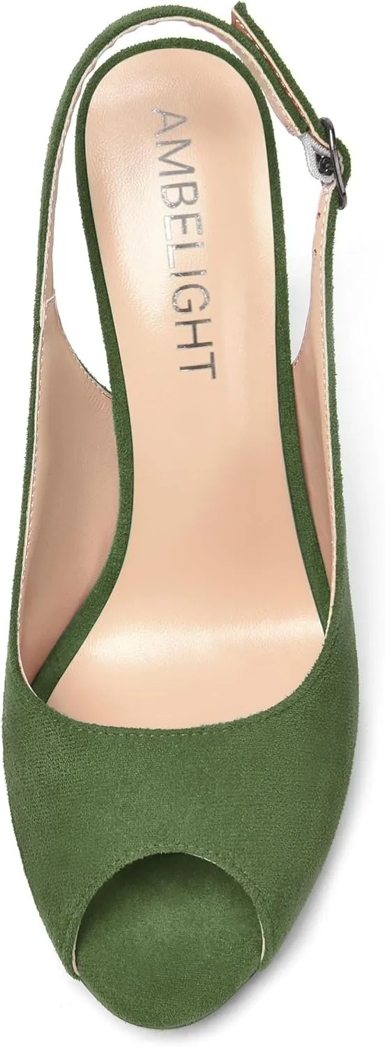 AMBELIGHT Womens Sexy Evening Buckle Suede Solid Slingback Peep Toe Wedge High Heel Pumps Shoes 3.3 Inch