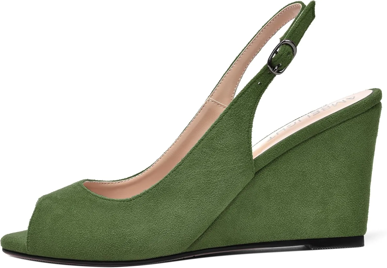 AMBELIGHT Womens Sexy Evening Buckle Suede Solid Slingback Peep Toe Wedge High Heel Pumps Shoes 3.3 Inch
