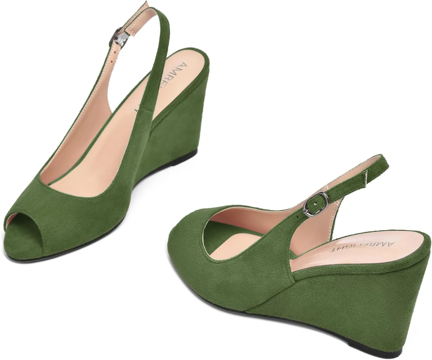 AMBELIGHT Womens Sexy Evening Buckle Suede Solid Slingback Peep Toe Wedge High Heel Pumps Shoes 3.3 Inch
