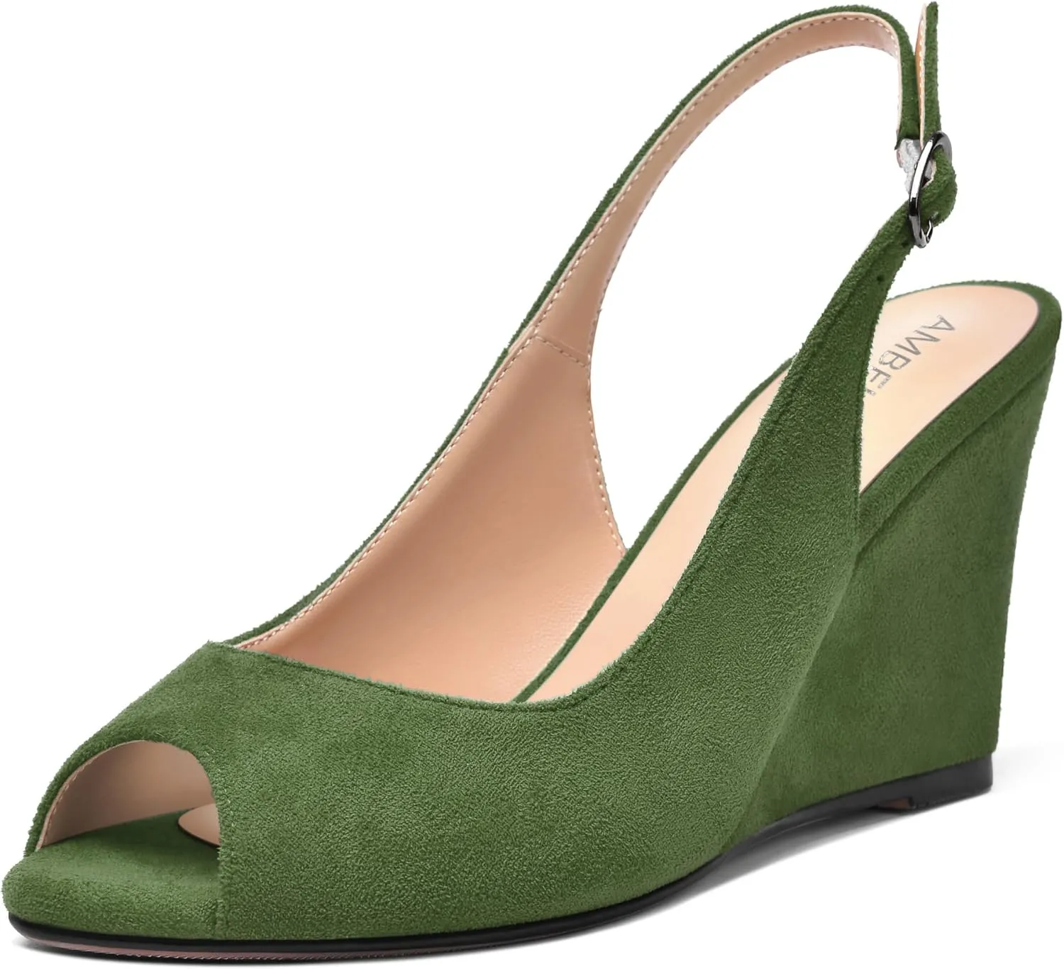 AMBELIGHT Womens Sexy Evening Buckle Suede Solid Slingback Peep Toe Wedge High Heel Pumps Shoes 3.3 Inch