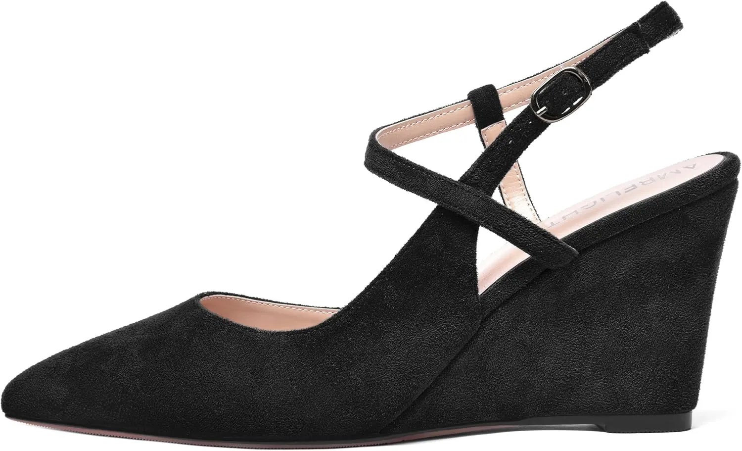AMBELIGHT Womens Solid Pointed Toe Buckle Bridal Ankle Strap Sexy Suede Wedge High Heel Pumps Shoes 3.3 Inch