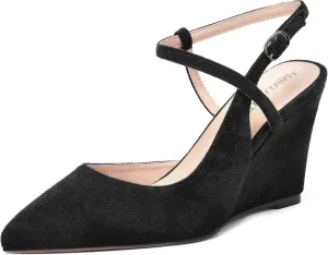 AMBELIGHT Womens Solid Pointed Toe Buckle Bridal Ankle Strap Sexy Suede Wedge High Heel Pumps Shoes 3.3 Inch