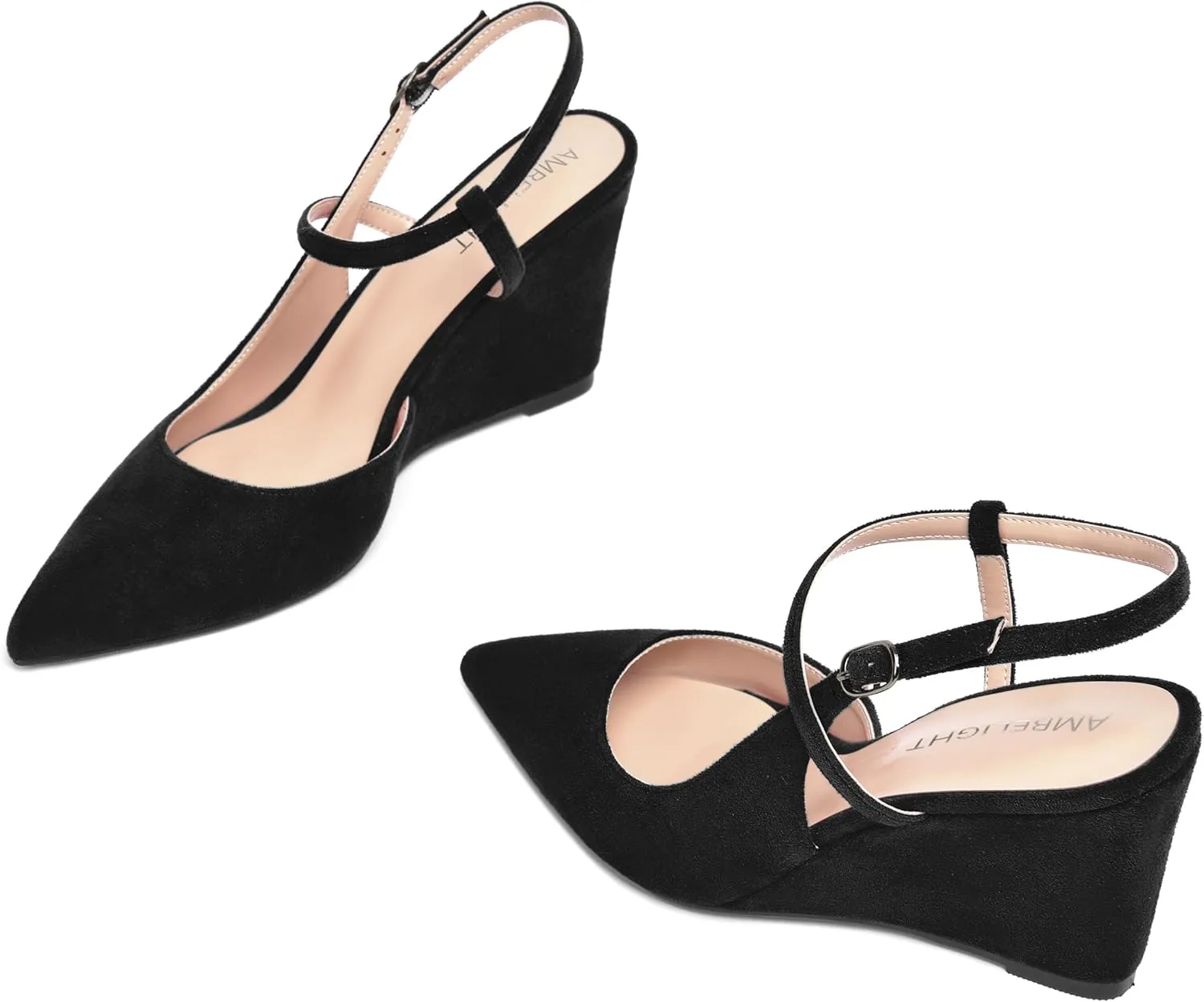 AMBELIGHT Womens Solid Pointed Toe Buckle Bridal Ankle Strap Sexy Suede Wedge High Heel Pumps Shoes 3.3 Inch