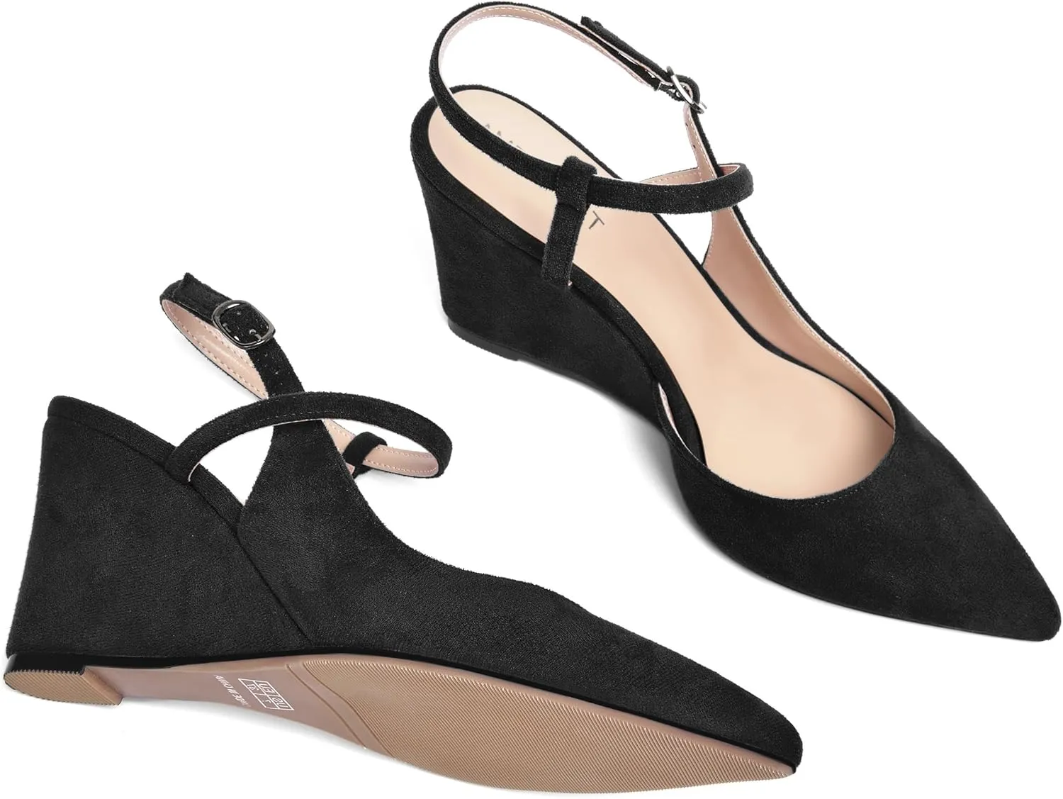 AMBELIGHT Womens Solid Pointed Toe Buckle Bridal Ankle Strap Sexy Suede Wedge High Heel Pumps Shoes 3.3 Inch