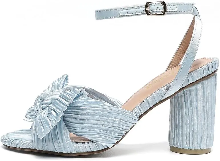 Amoji Women's Satin Block Heeled 3 Inch-4 Inch Sandal Bowknot Pleated Ankle Strap for Wedding Party Dress Shoes 302