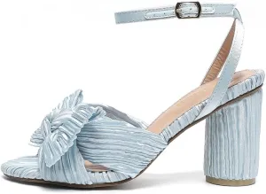 Amoji Women's Satin Block Heeled 3 Inch-4 Inch Sandal Bowknot Pleated Ankle Strap for Wedding Party Dress Shoes 302