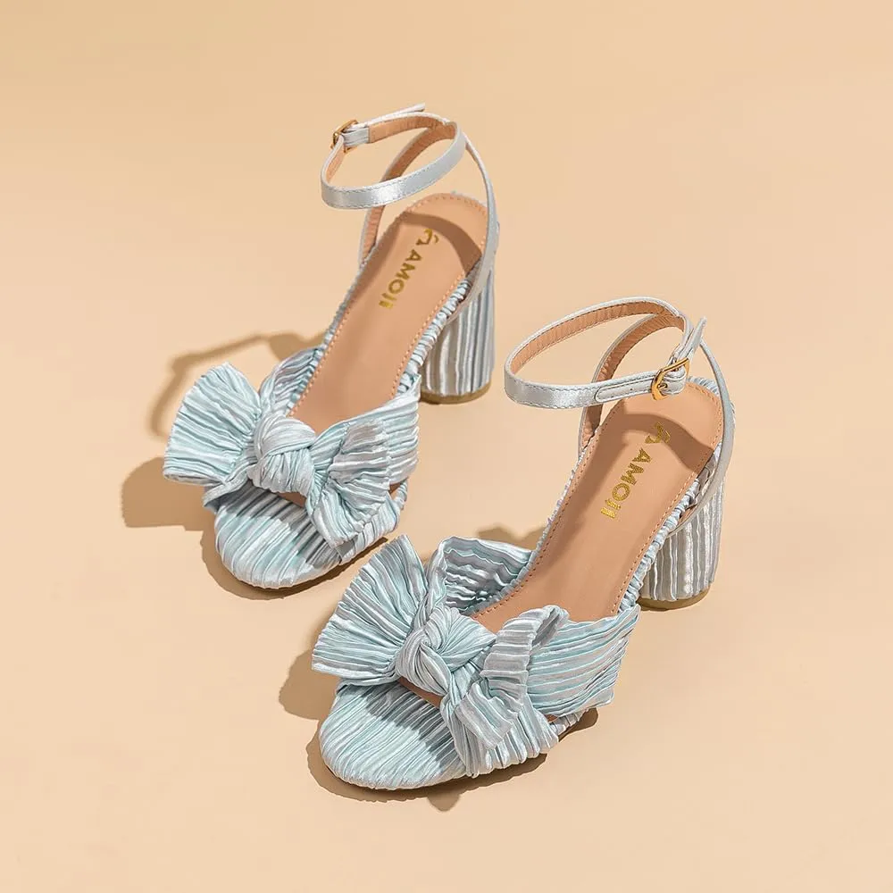 Amoji Women's Satin Block Heeled 3 Inch-4 Inch Sandal Bowknot Pleated Ankle Strap for Wedding Party Dress Shoes 302