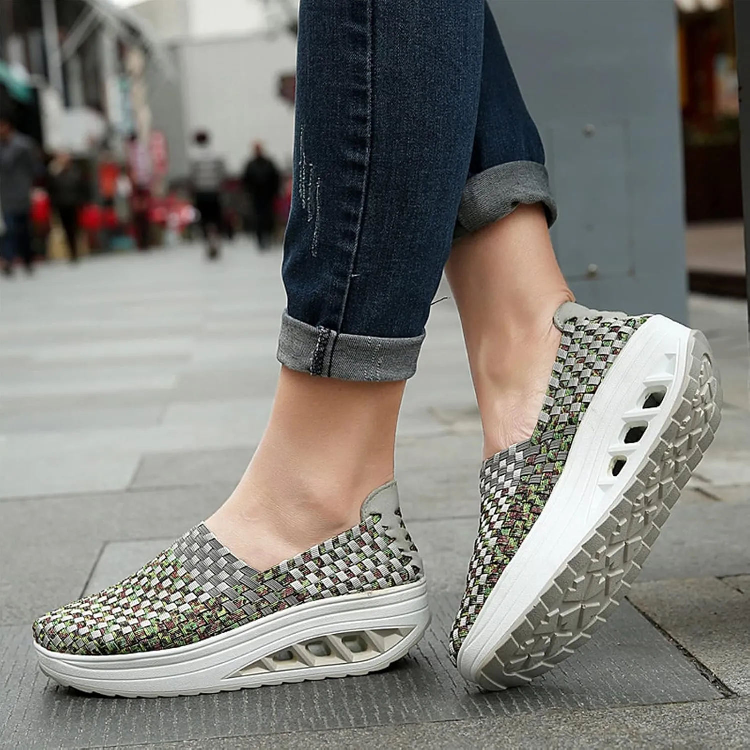 AngryMonkey Women Mesh Woven Breathable Slip On Orthopedic Walking Shoes,Arch Support Air Cushion Platform Sneakers Nursing Shoes Rocker Shoes