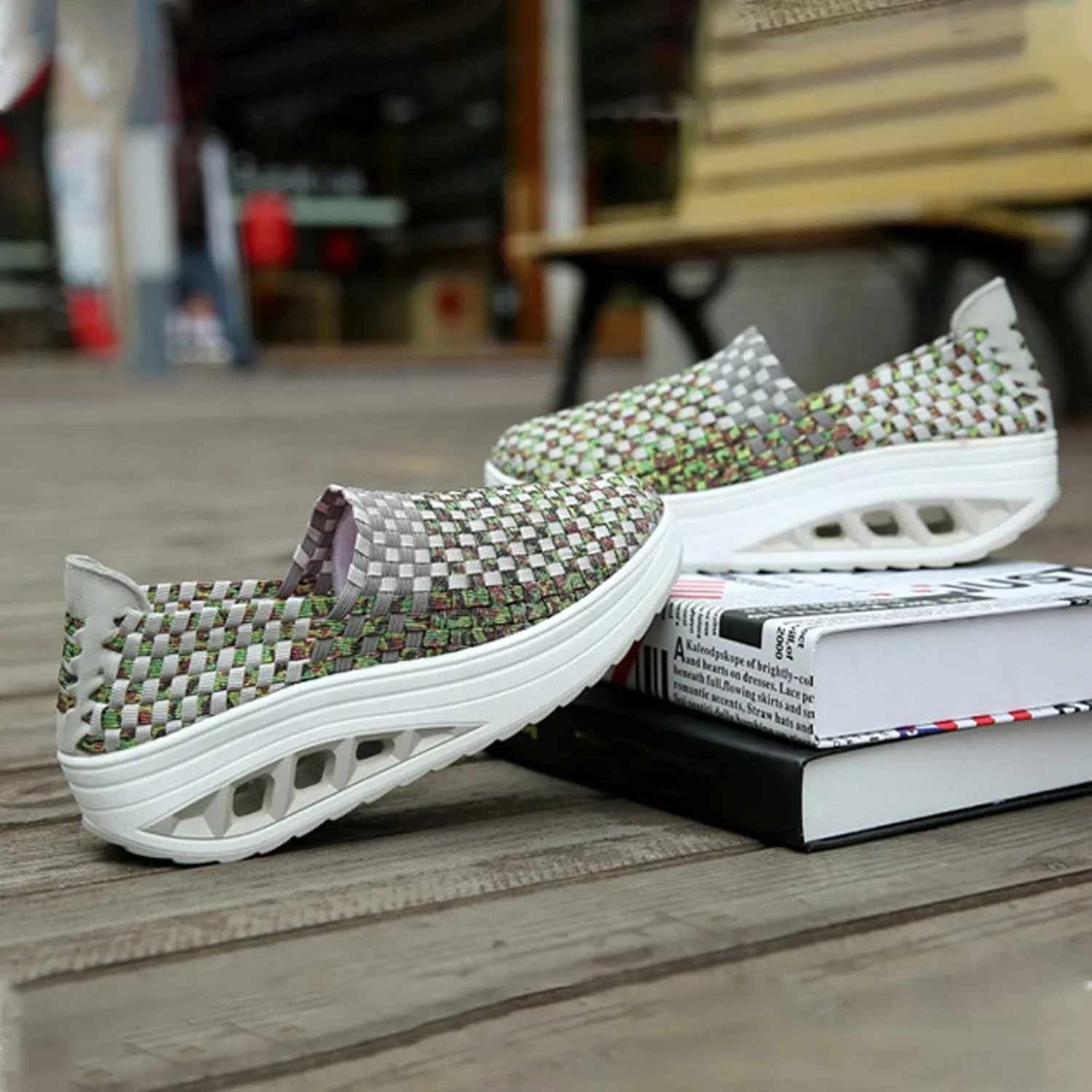 AngryMonkey Women Mesh Woven Breathable Slip On Orthopedic Walking Shoes,Arch Support Air Cushion Platform Sneakers Nursing Shoes Rocker Shoes