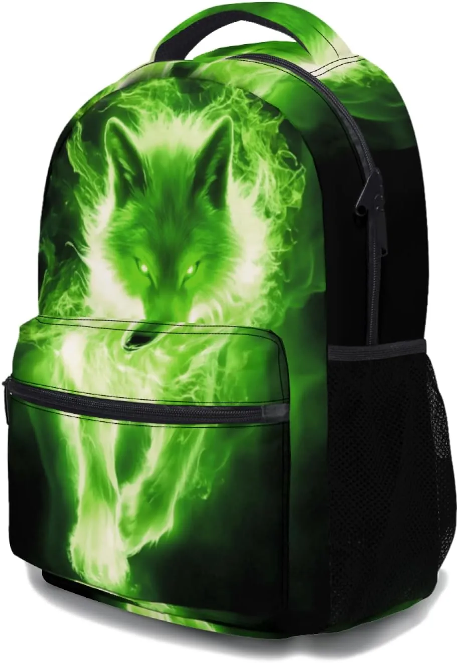aportt Cool Glowing Green Wolf Backpack for Boys Girls Monster Animal Durable Casual Basic Kids Bookbag Black Lightweight School Bag for Teens Students Travel Daypack