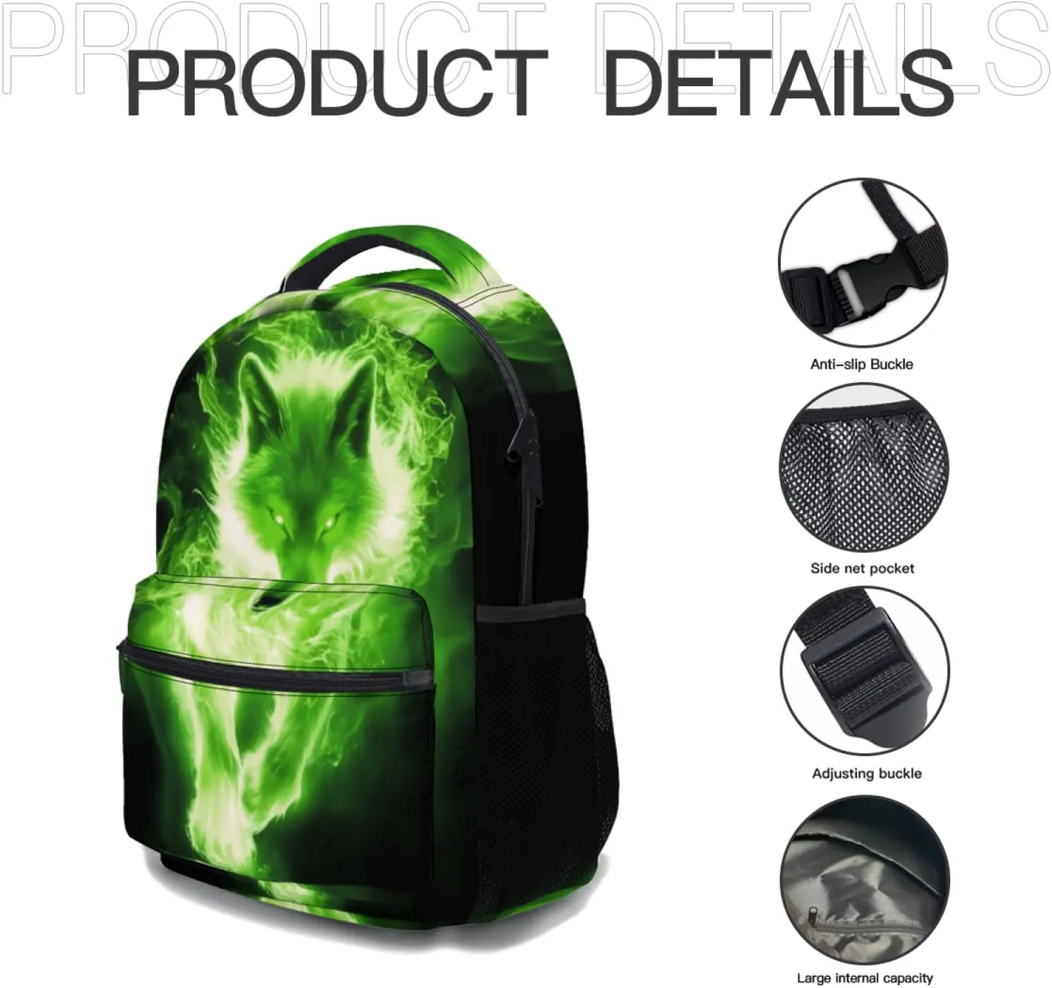 aportt Cool Glowing Green Wolf Backpack for Boys Girls Monster Animal Durable Casual Basic Kids Bookbag Black Lightweight School Bag for Teens Students Travel Daypack