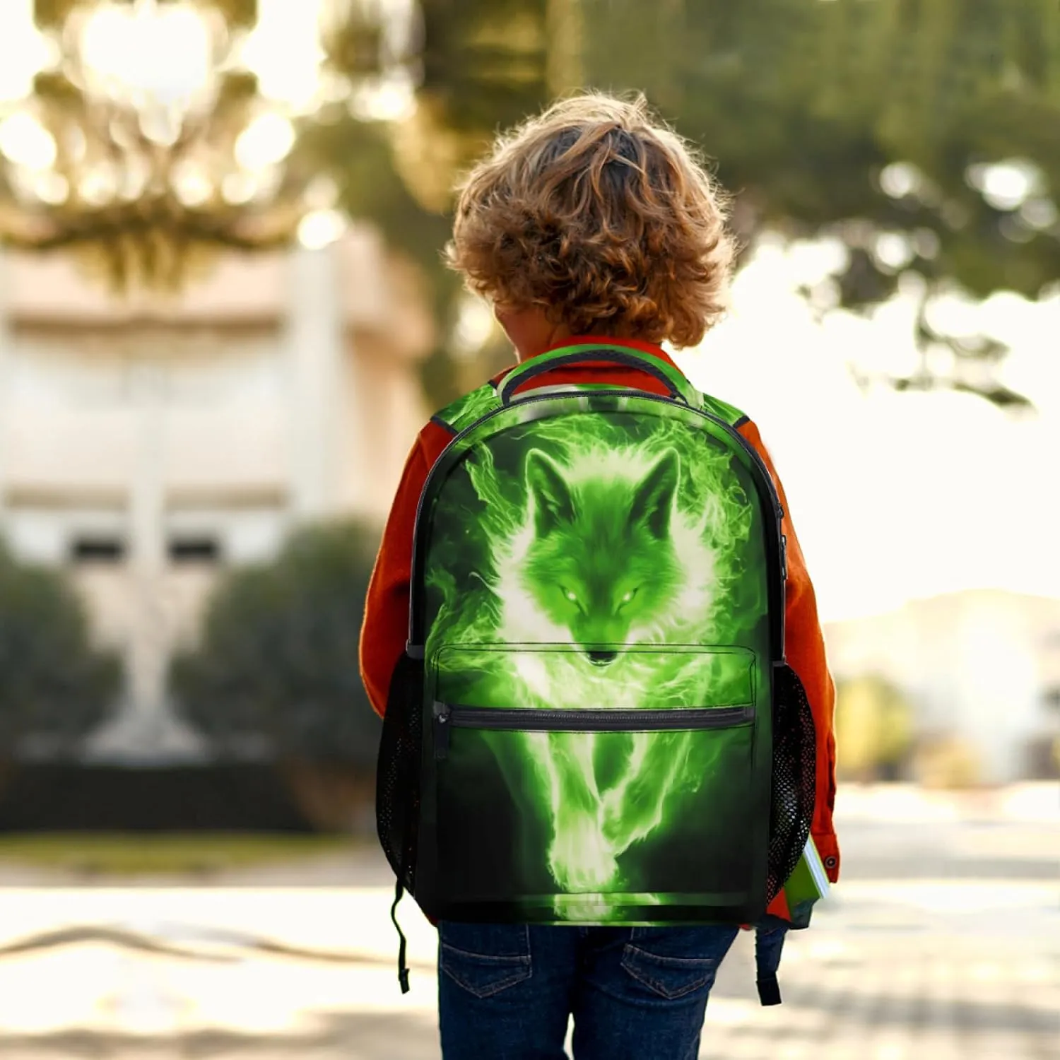 aportt Cool Glowing Green Wolf Backpack for Boys Girls Monster Animal Durable Casual Basic Kids Bookbag Black Lightweight School Bag for Teens Students Travel Daypack
