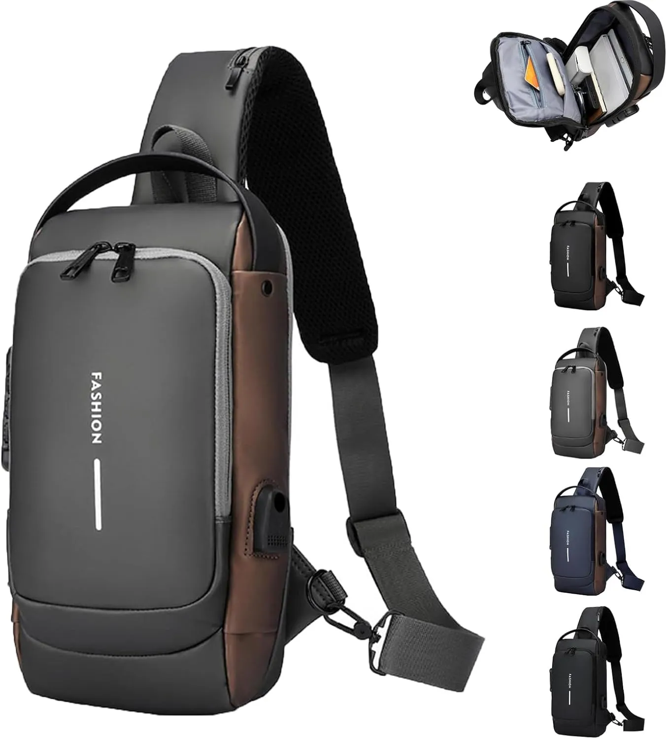 Auricz Bag, New Carbon Fiber Streamline Anti-Theft Sling Bags, Waterproof Shoulder Backpack with USB Charging (Gray)