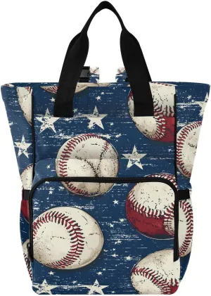 Baby Diaper Bag Backpack Baseball White Stars Pattern Navy Large Tote Baby Bag for Boys, Girls, Waterproof Multi Function Diaper Backpack, Travel Essentials for Moms