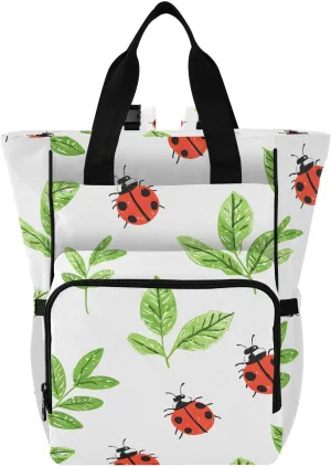 Baby Diaper Bag Backpack Grass Ladybug Pattern Green Red Large Tote Baby Bag for Boys, Girls, Waterproof Multi Function Diaper Backpack, Travel Essentials for Moms