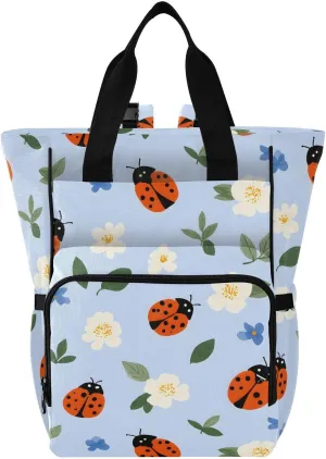 Baby Diaper Bag Backpack Ladybugs Flower Pattern Leaves Large Tote Baby Bag for Boys, Girls, Waterproof Multi Function Diaper Backpack, Travel Essentials for Moms