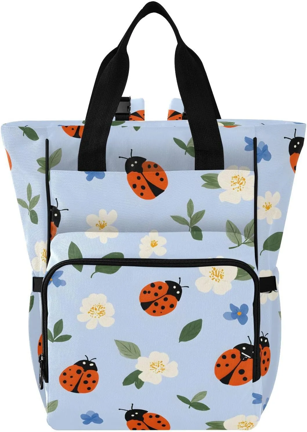 Baby Diaper Bag Backpack Ladybugs Flower Pattern Leaves Large Tote Baby Bag for Boys, Girls, Waterproof Multi Function Diaper Backpack, Travel Essentials for Moms
