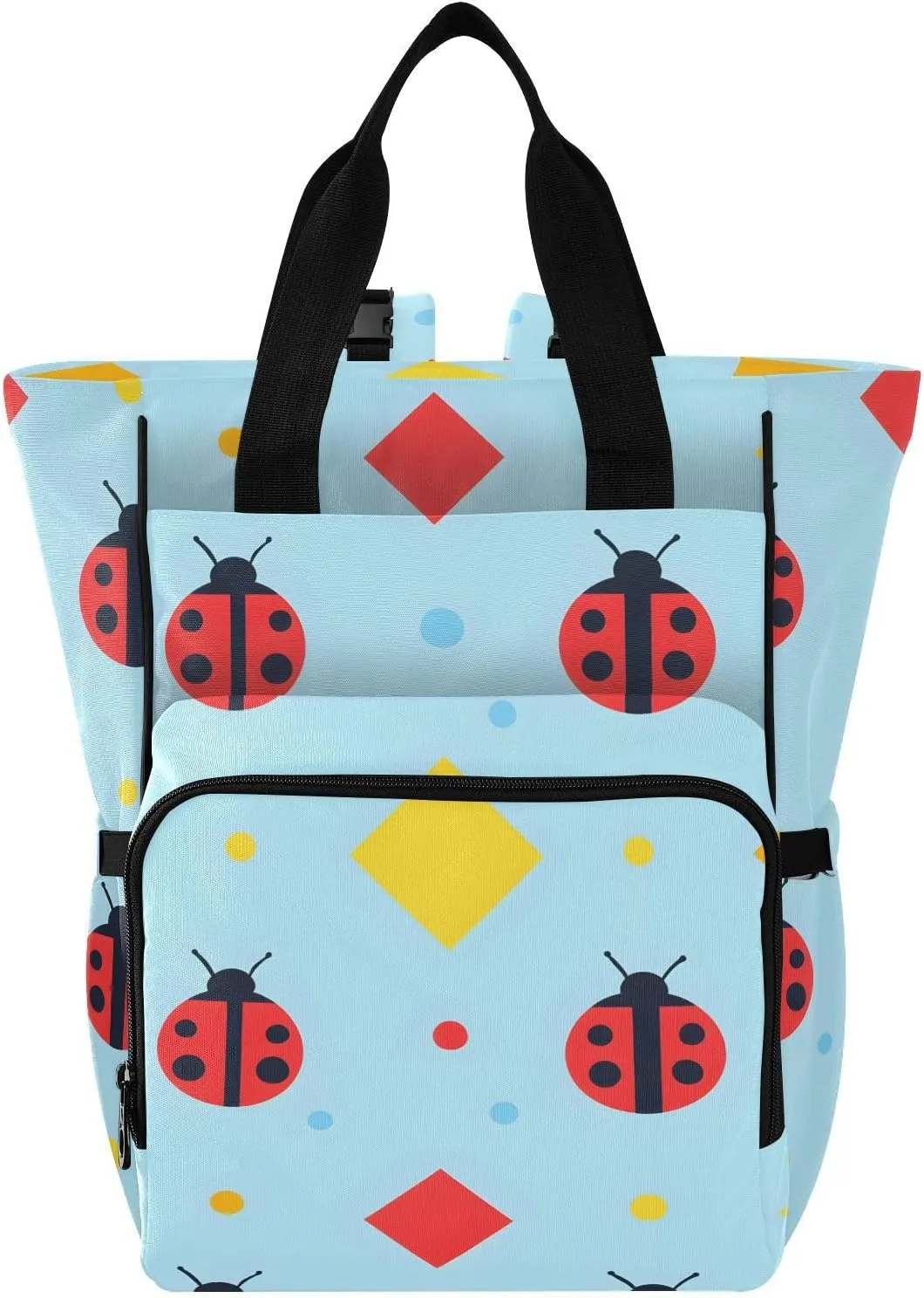 Baby Diaper Bag Backpack Ladybugs Shapes Pattern Red Yellow Large Tote Baby Bag for Boys, Girls, Waterproof Multi Function Diaper Backpack, Travel Essentials for Moms