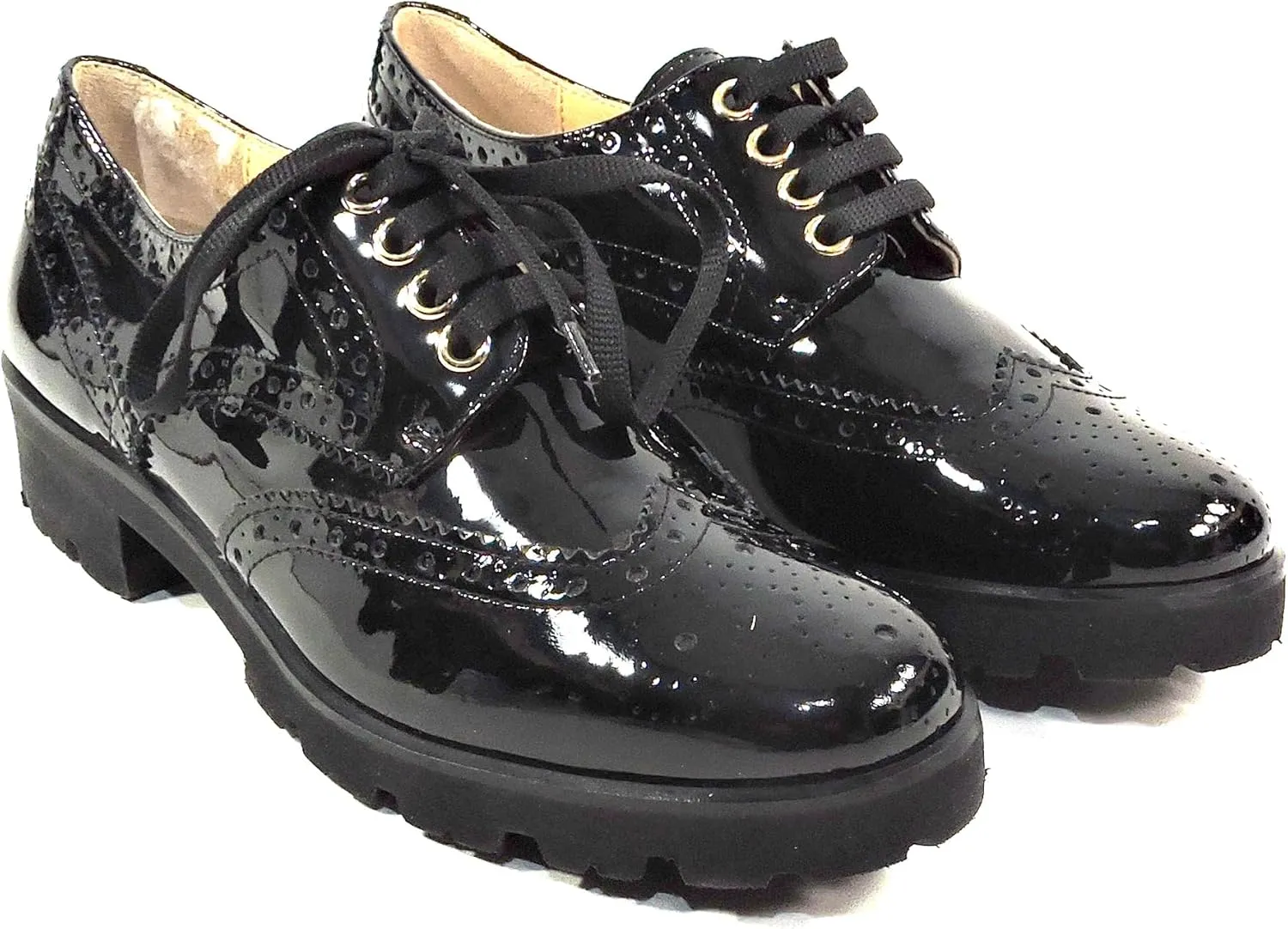 Baldinini Women's Oxford Shoes, Black Patent Leather, Wingtip Brogue, Lug Sole