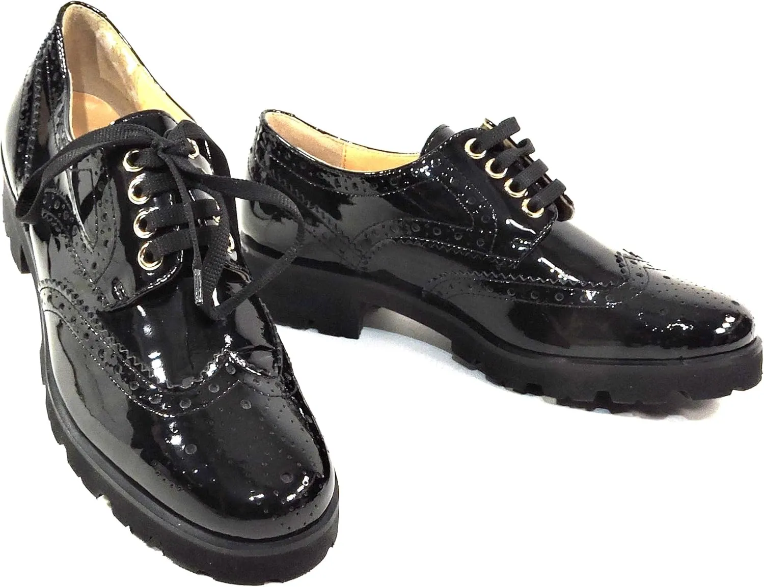 Baldinini Women's Oxford Shoes, Black Patent Leather, Wingtip Brogue, Lug Sole
