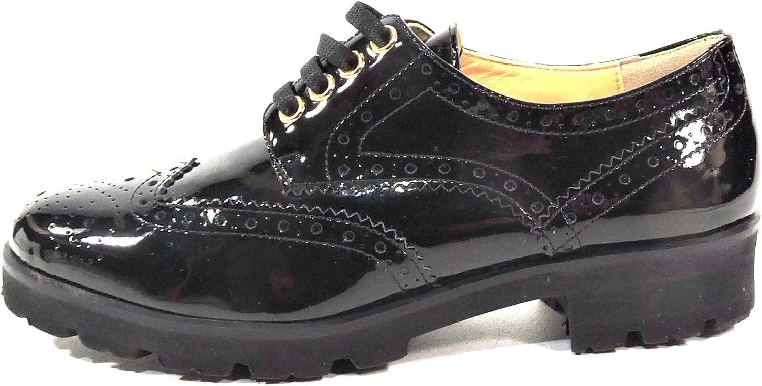 Baldinini Women's Oxford Shoes, Black Patent Leather, Wingtip Brogue, Lug Sole