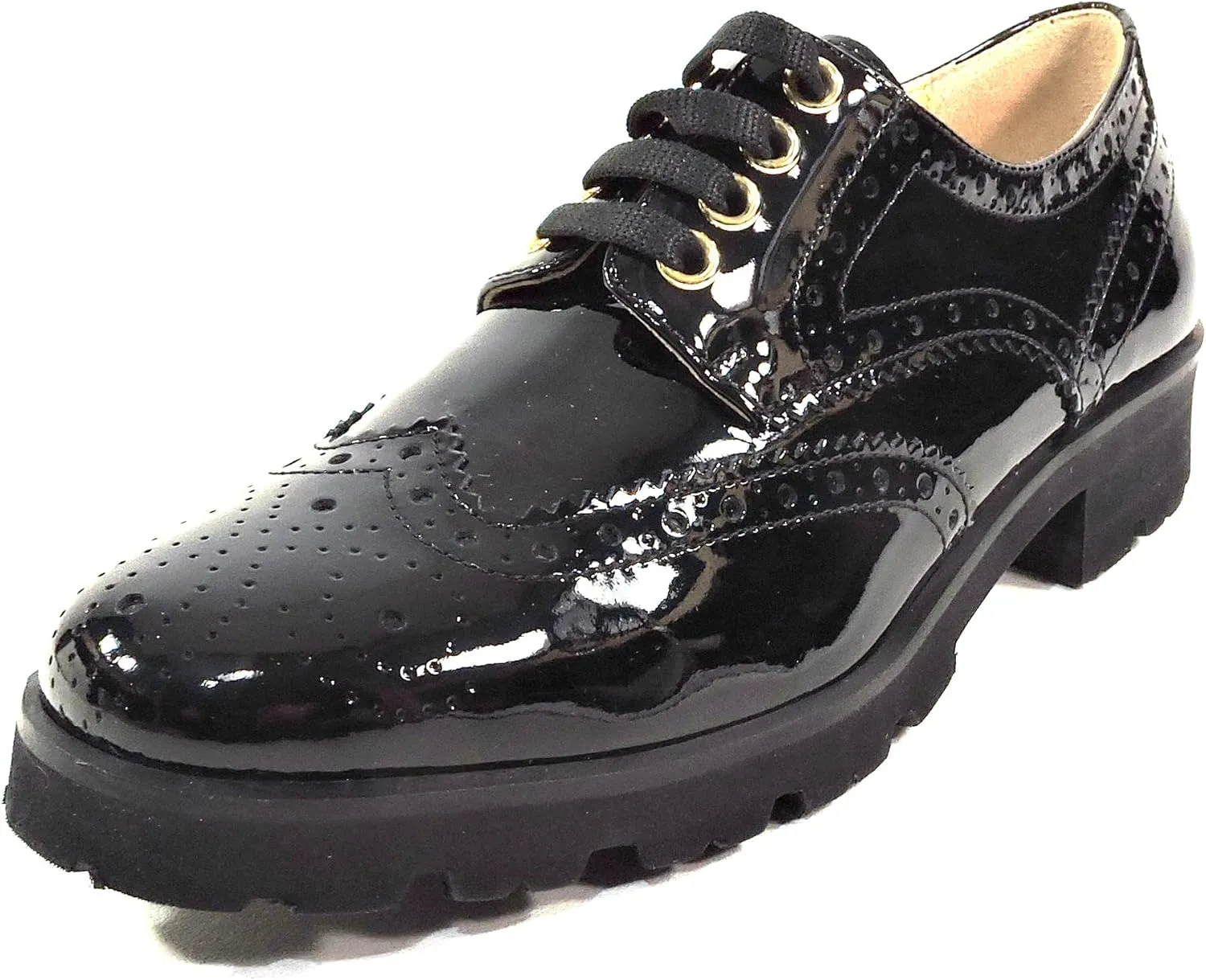 Baldinini Women's Oxford Shoes, Black Patent Leather, Wingtip Brogue, Lug Sole
