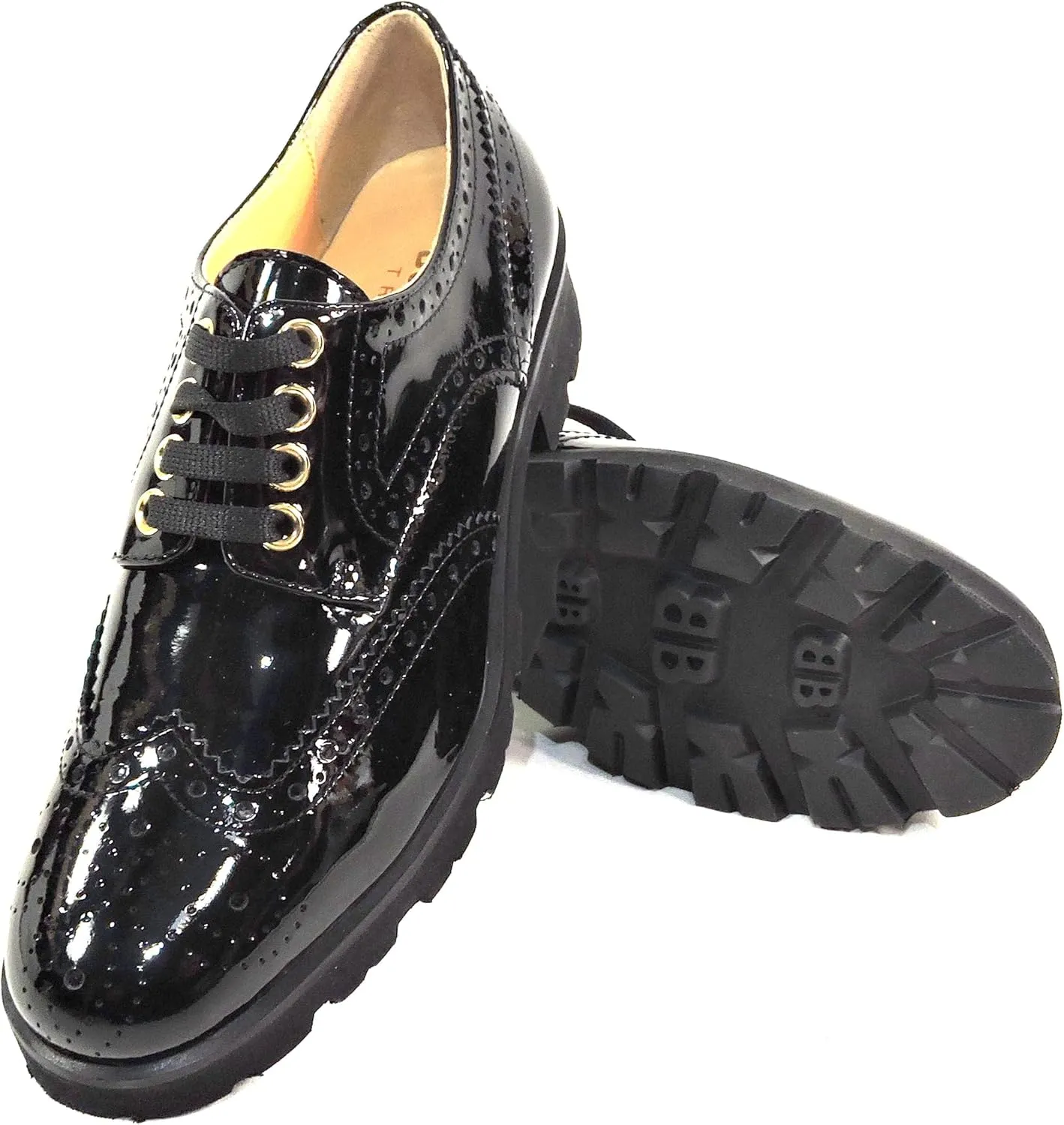 Baldinini Women's Oxford Shoes, Black Patent Leather, Wingtip Brogue, Lug Sole